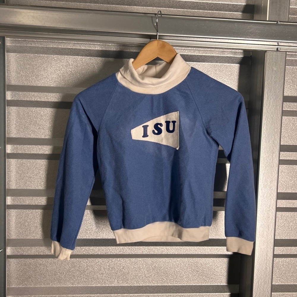 VINTAGE ISU Sweatshirt Womens Large Blue White Collegiate Velour Retro Mock Neck